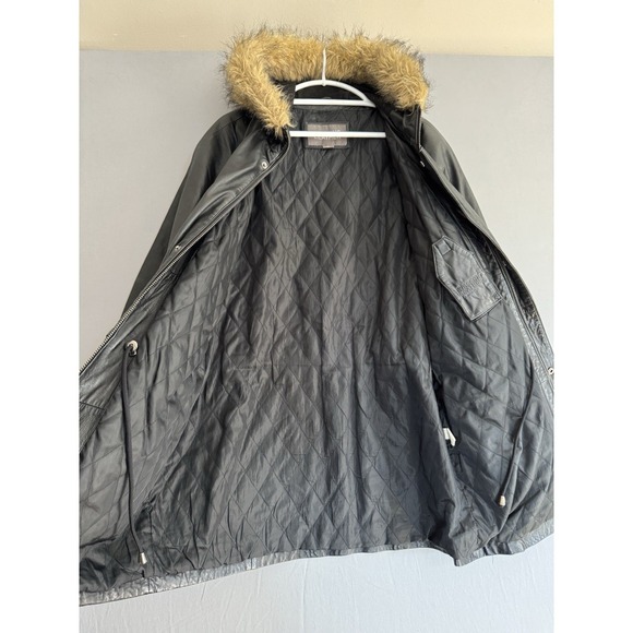 Vintage Wilsons Black Leather Coat Mens Medium Hooded Faux Fur Trim Quilted Y2K - Picture 3 of 13